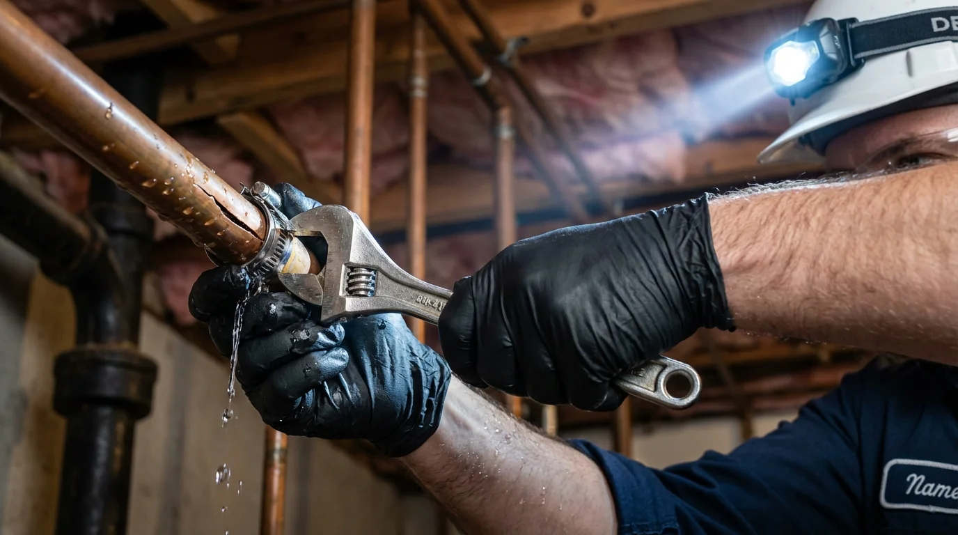 Emergency pipe clamp repair being performed by a Johns Plumbing LLC plumber in Clinton