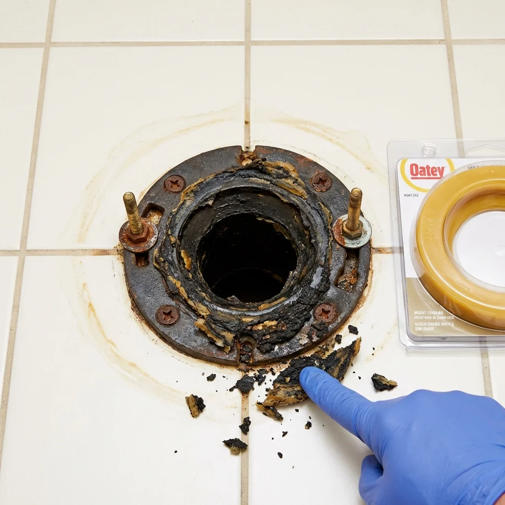 Failed wax ring showing water seepage at the base of a toilet in a Clinton, WI home
